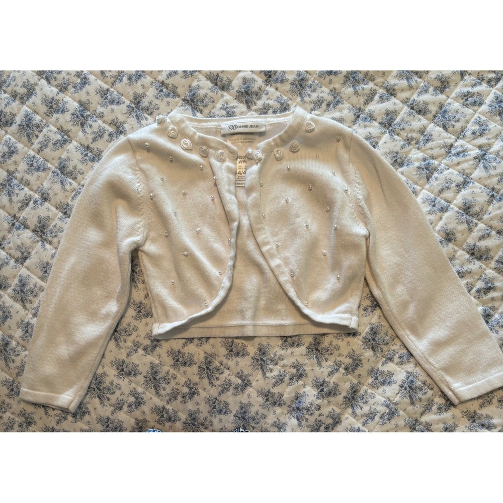 Bonnie Jean Girls‎ Toddler Cardigan Shrug Size 4T White with Pearls
